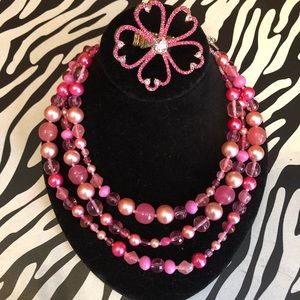 Pink - flower ring, necklace and silver earrings